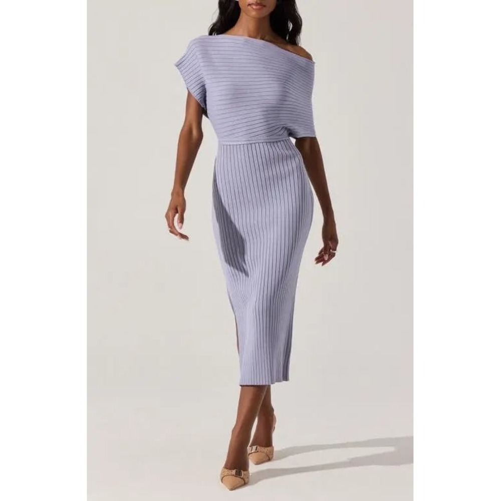 NWT ASTR The Label Periwinkle Ribbed Off Shoulder Midi Dress Purple Small